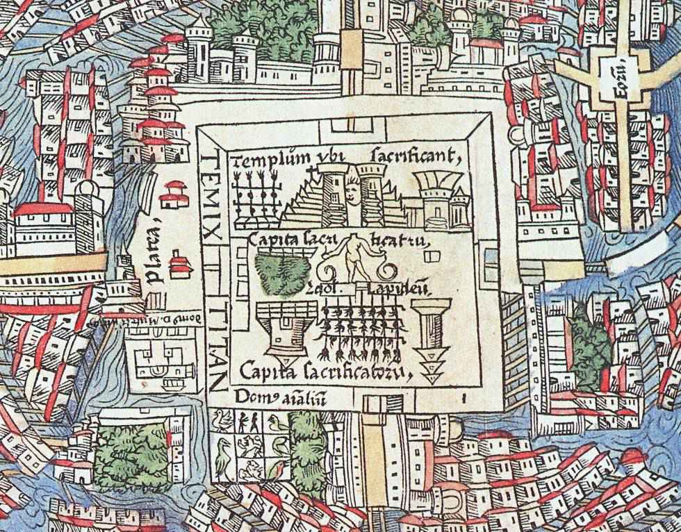 Mappa di Tenochtitlán nel 1524: il serraglio è il quadrato sotto il centro della città, suddiviso in 8 riquadri e popolato da uccelli e altri animali