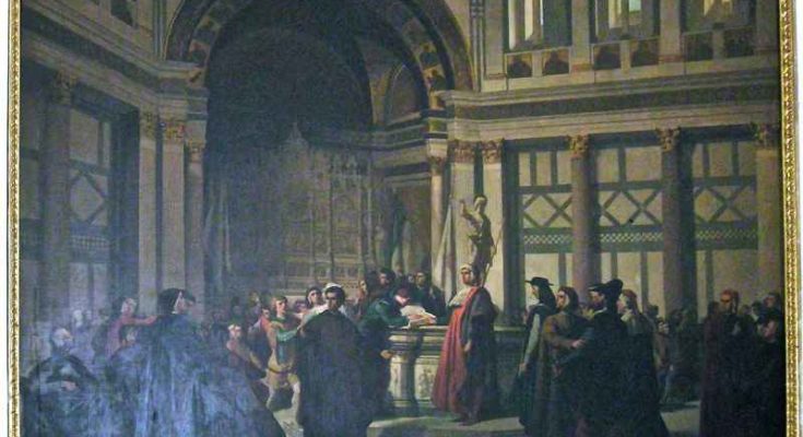 Antonio Cuccinelli, Dino Compagni in San Giovanni predica la pace tra guelfi e ghibellini, tela ottocentesca a palazzo Compagni, Firenze